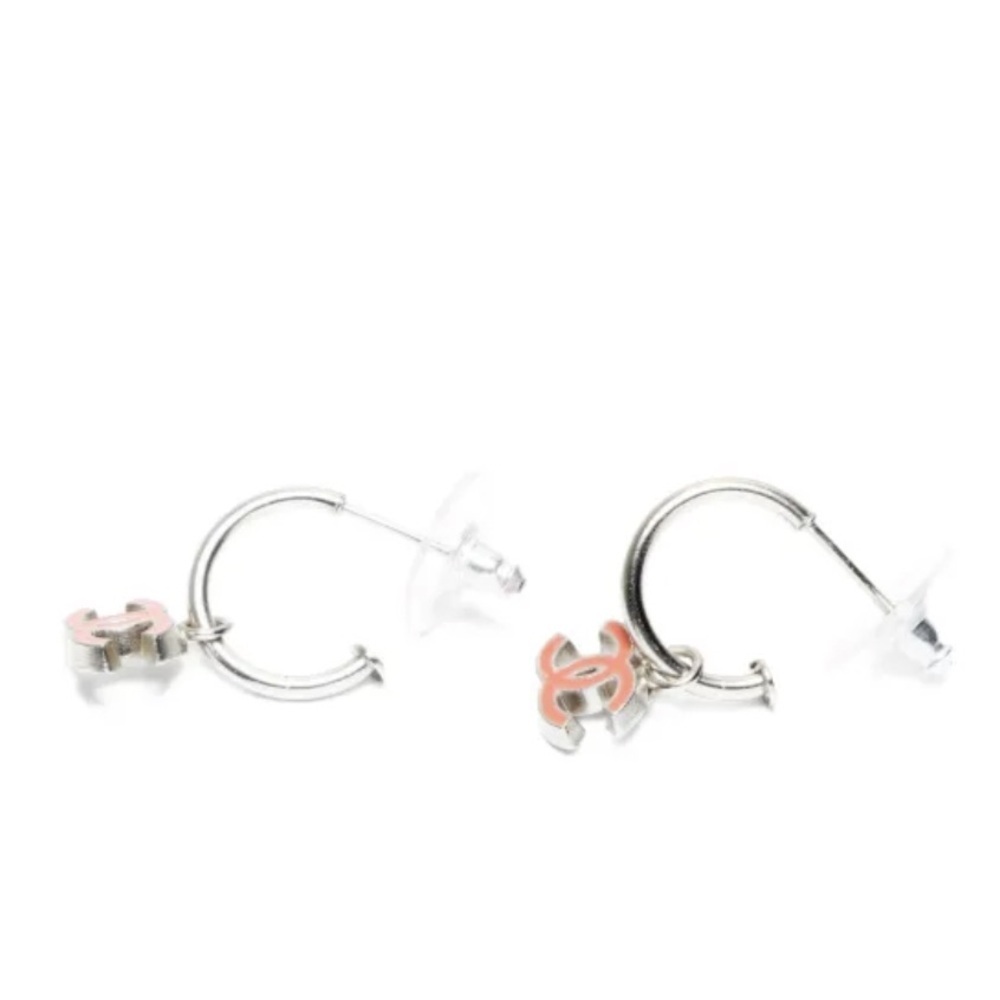CHANEL Silver and Red CC Hoop Pierced Earrings - Picture 5 of 8